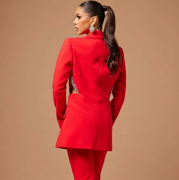 Fashion Nova Red Embellished Shoulder Blazer & Flared Pants - Picture 2 of 6